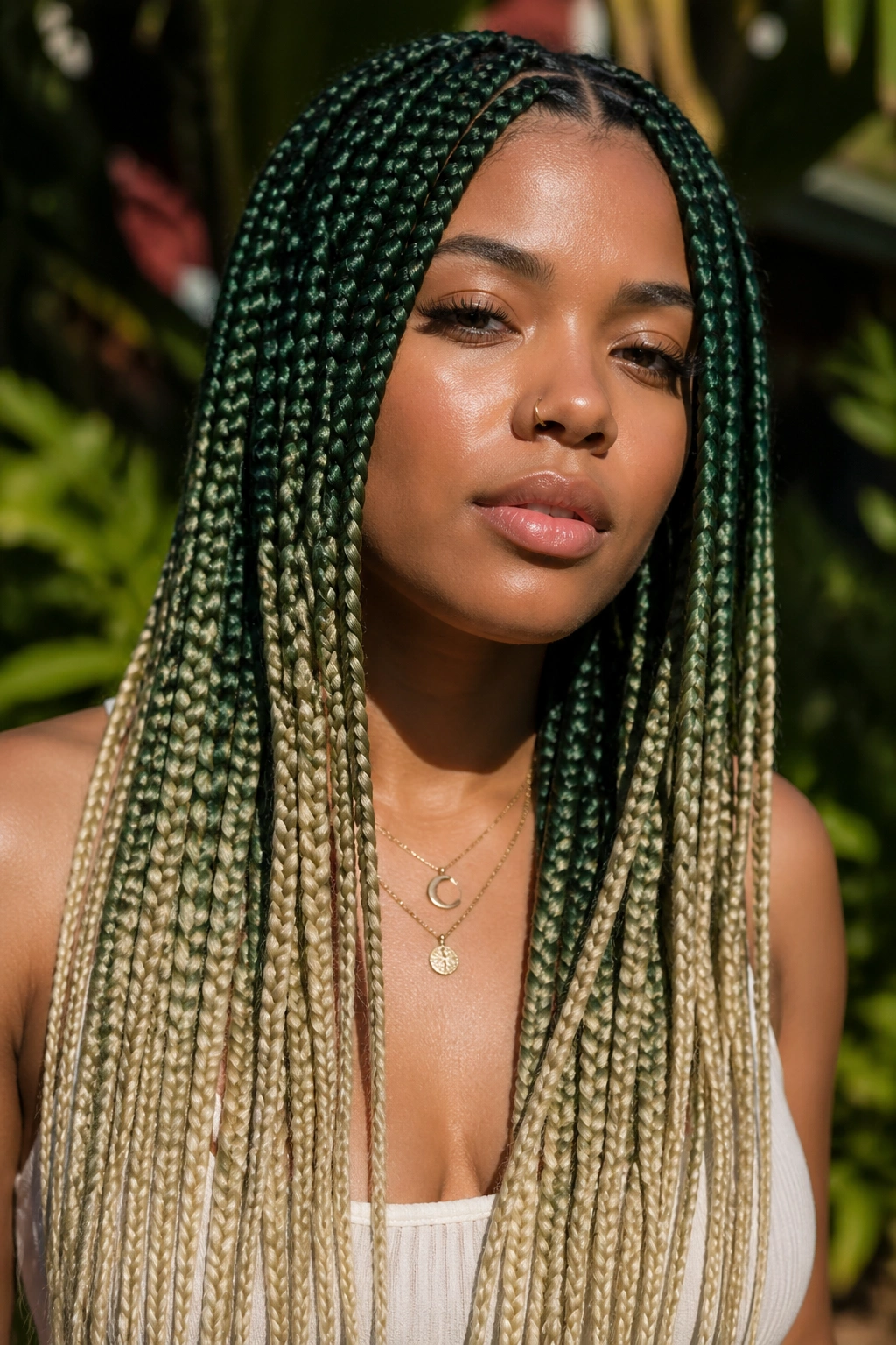 Close-up portrait of a real person with green-to-blonde gradient box braids