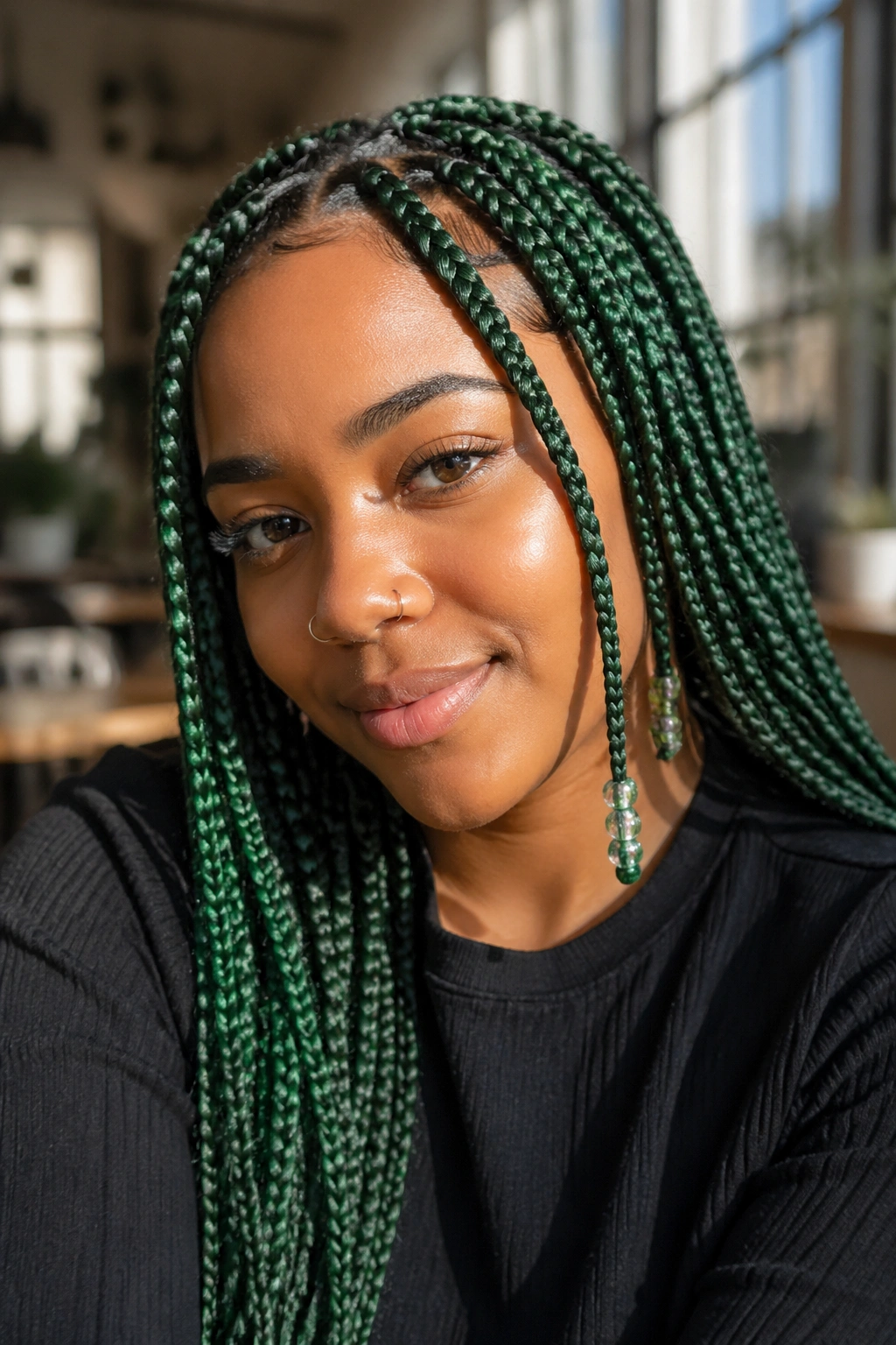 Close-up of green box braids with beads at the ends framing the face