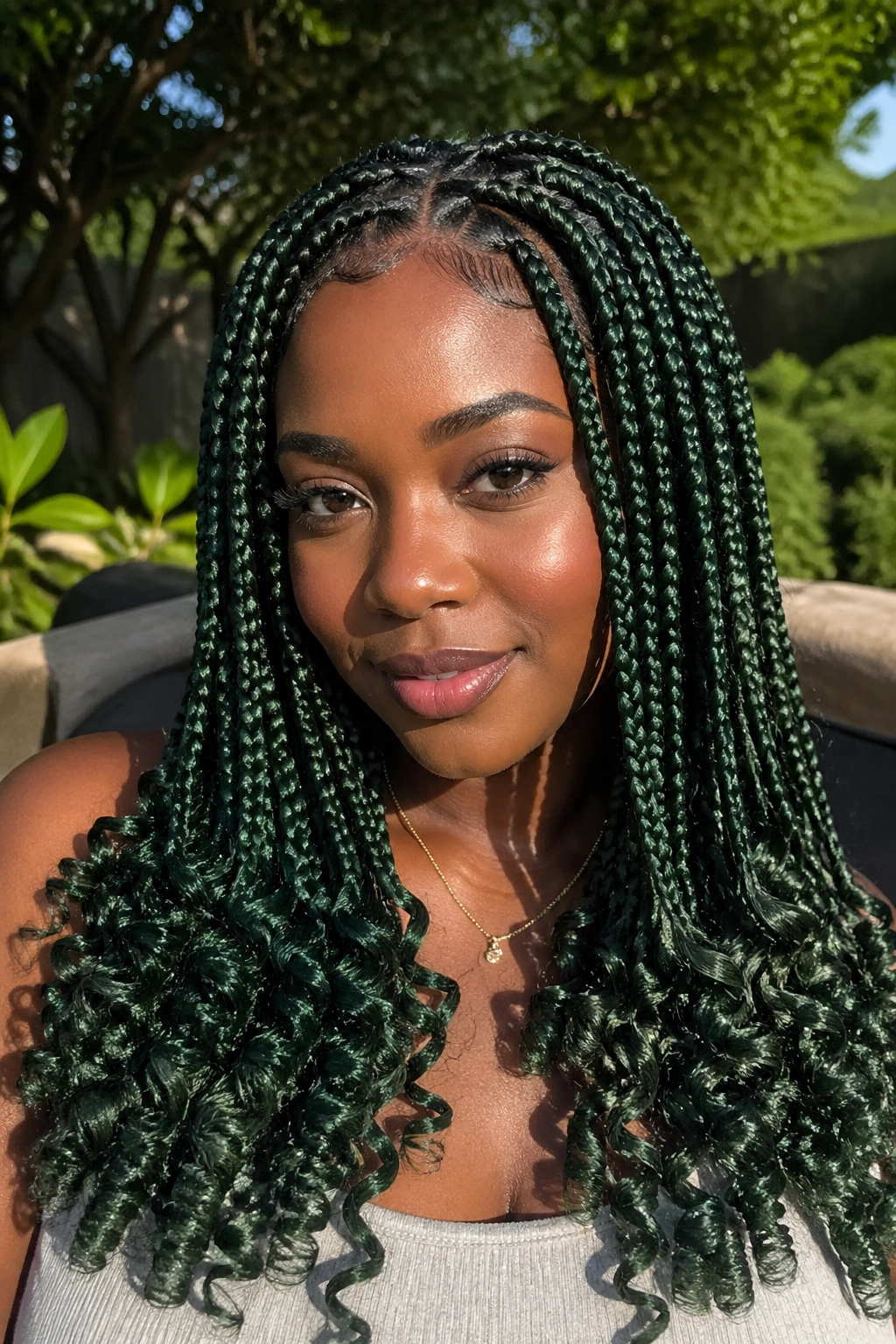 Close-up of green box braids with curled ends.