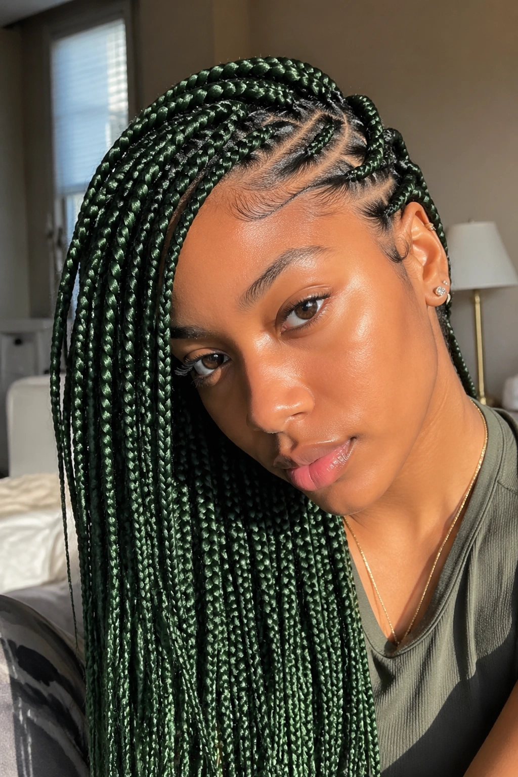 Close-up portrait of green box braids with a deep side part on a real person