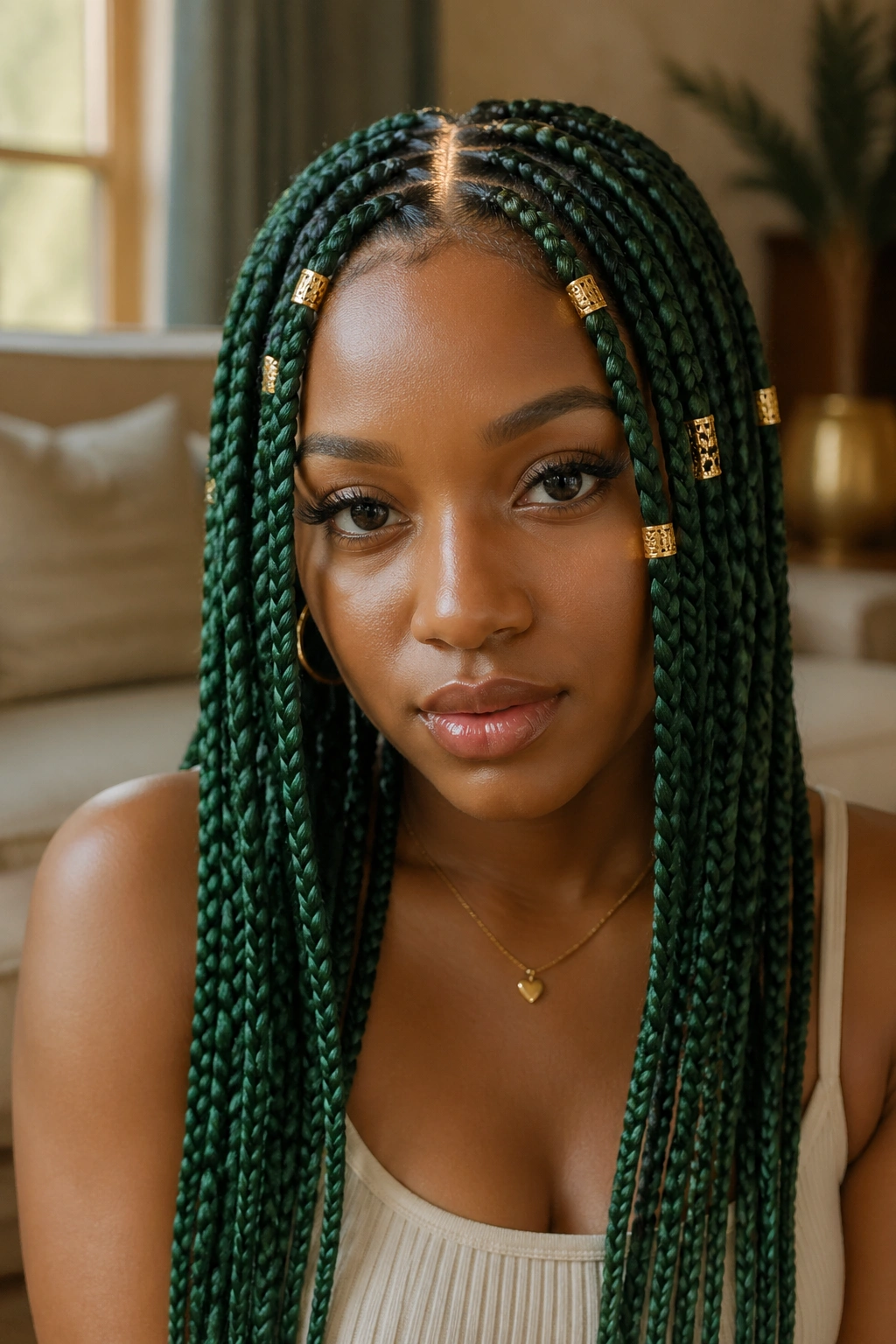 Close-up of green box braids with gold cuffs.