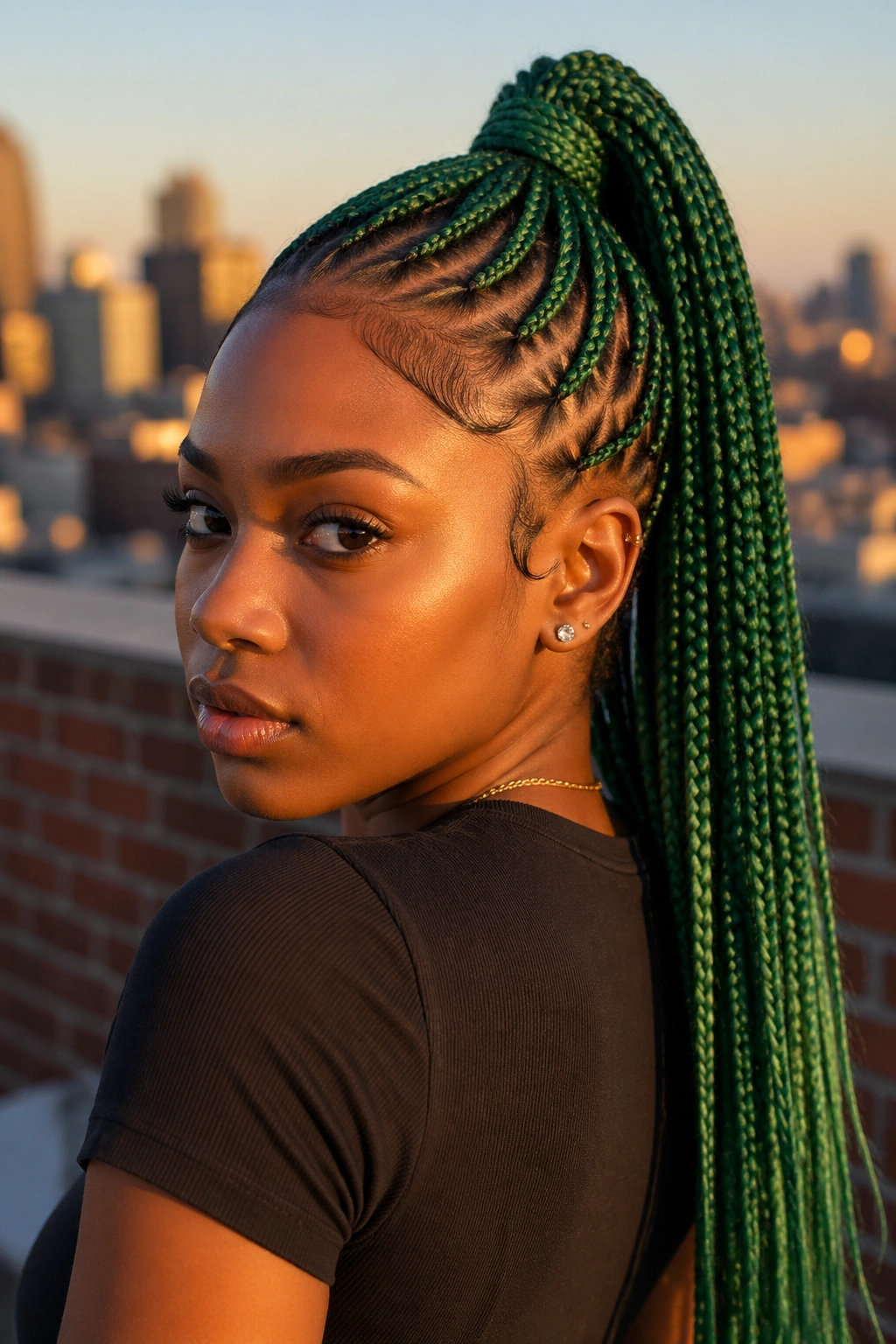 Close-up portrait of a real person with green box braids in a high ponytail under warm rooftop light