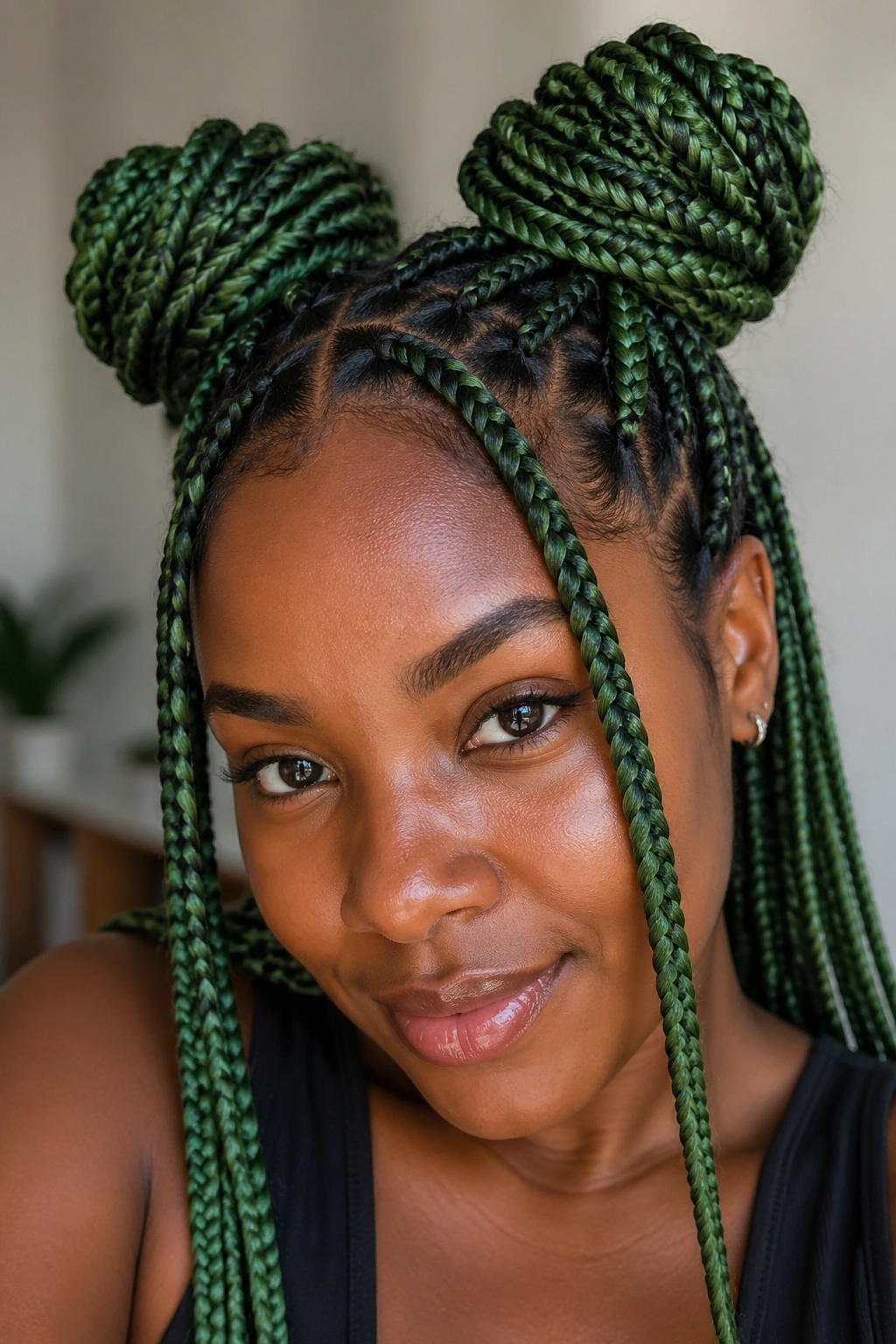 Close-up portrait of a real person with green box braids formed into two space buns