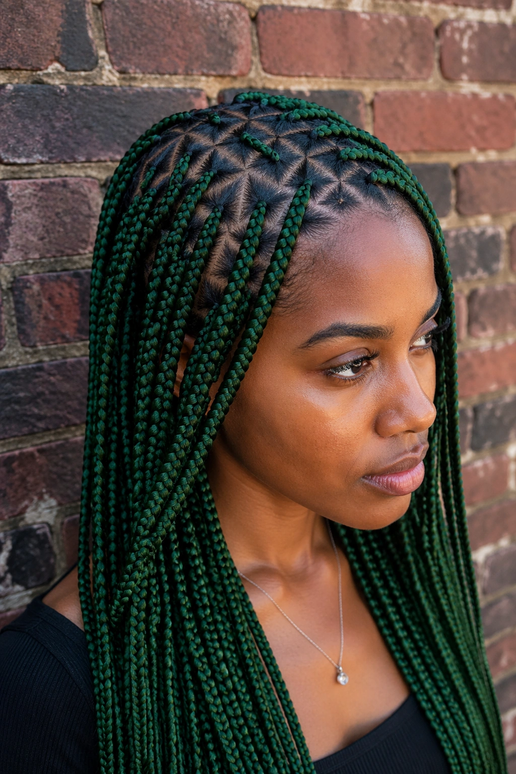 Portrait of a person with green box braids showing triangle part lines