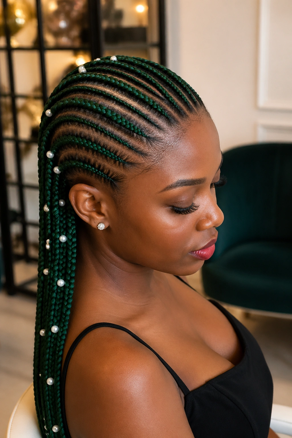Emerald green cornrows with pearl accents on real person, close-up