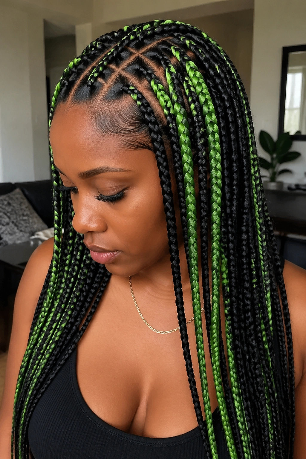 Close-up portrait of green feed-in box braids with highlights on a real person