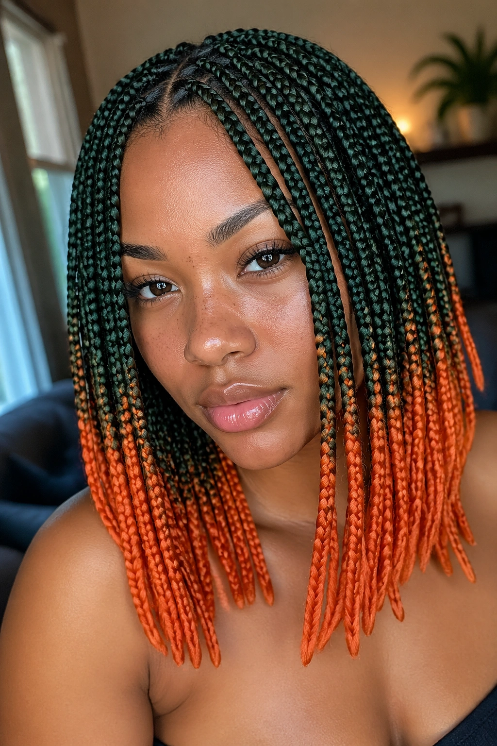 Close-up portrait of box braids with deep green roots and bright tangerine ends on a real person
