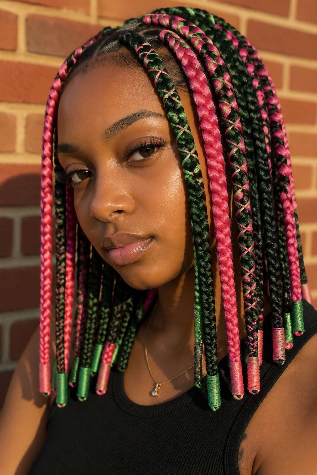 Close-up of a real person with green and pink thread-wrapped braids