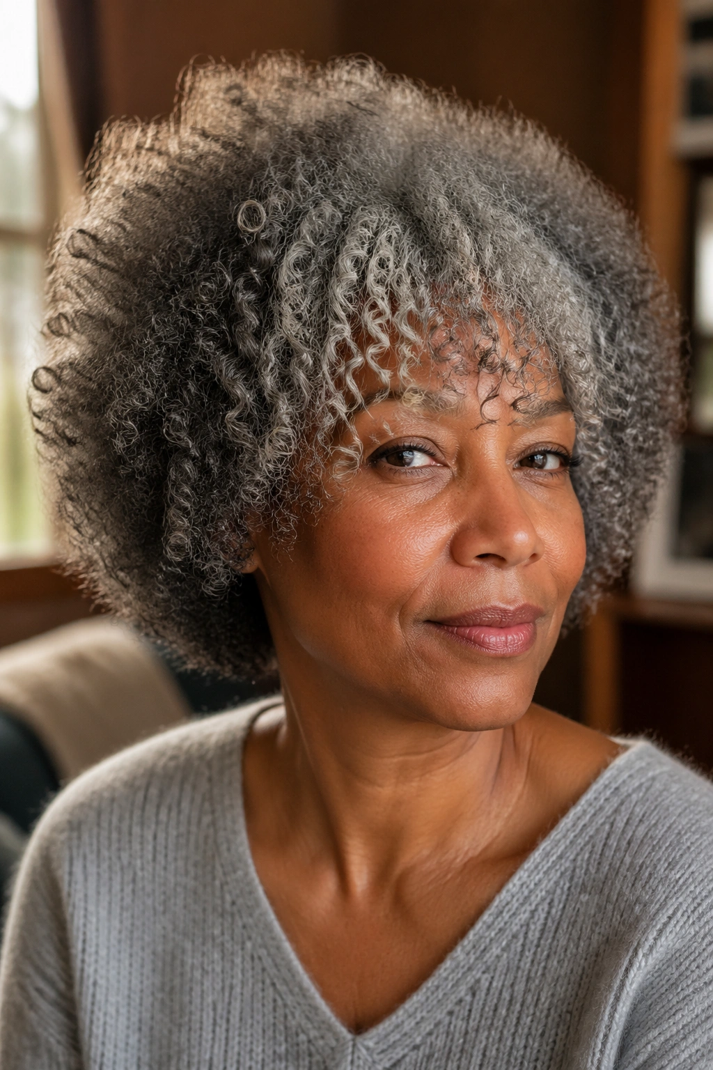 Close-up portrait of a real person with grey afro and front bangs