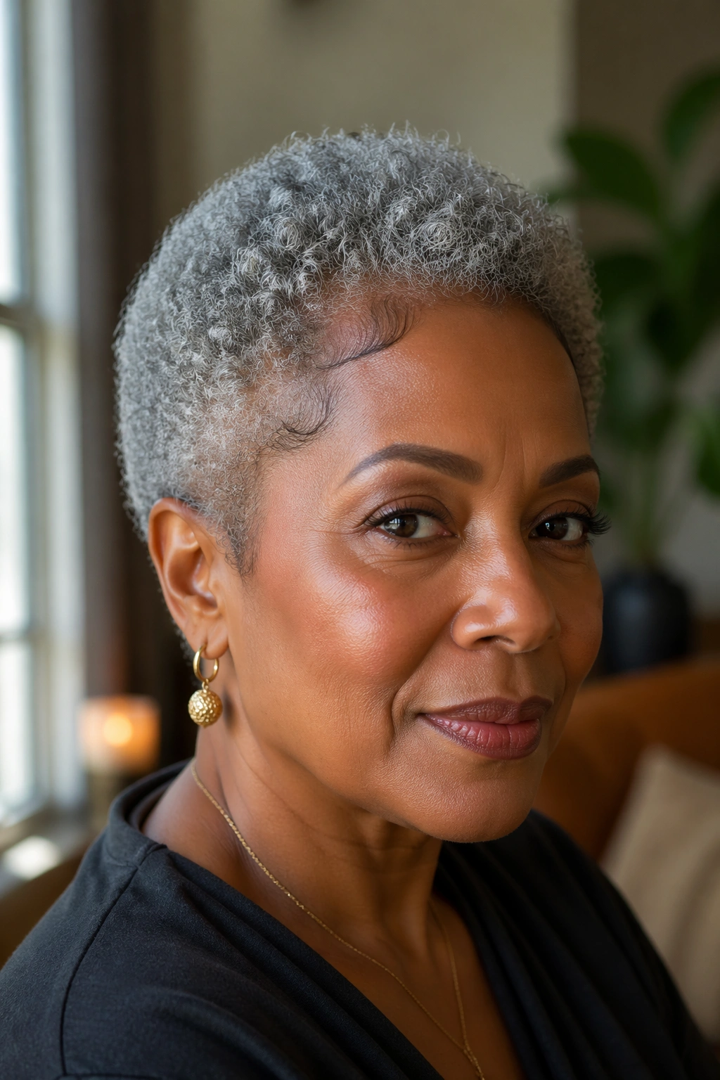 Close-up of a real woman with a short grey curly afro and defined edges in a cozy home setting