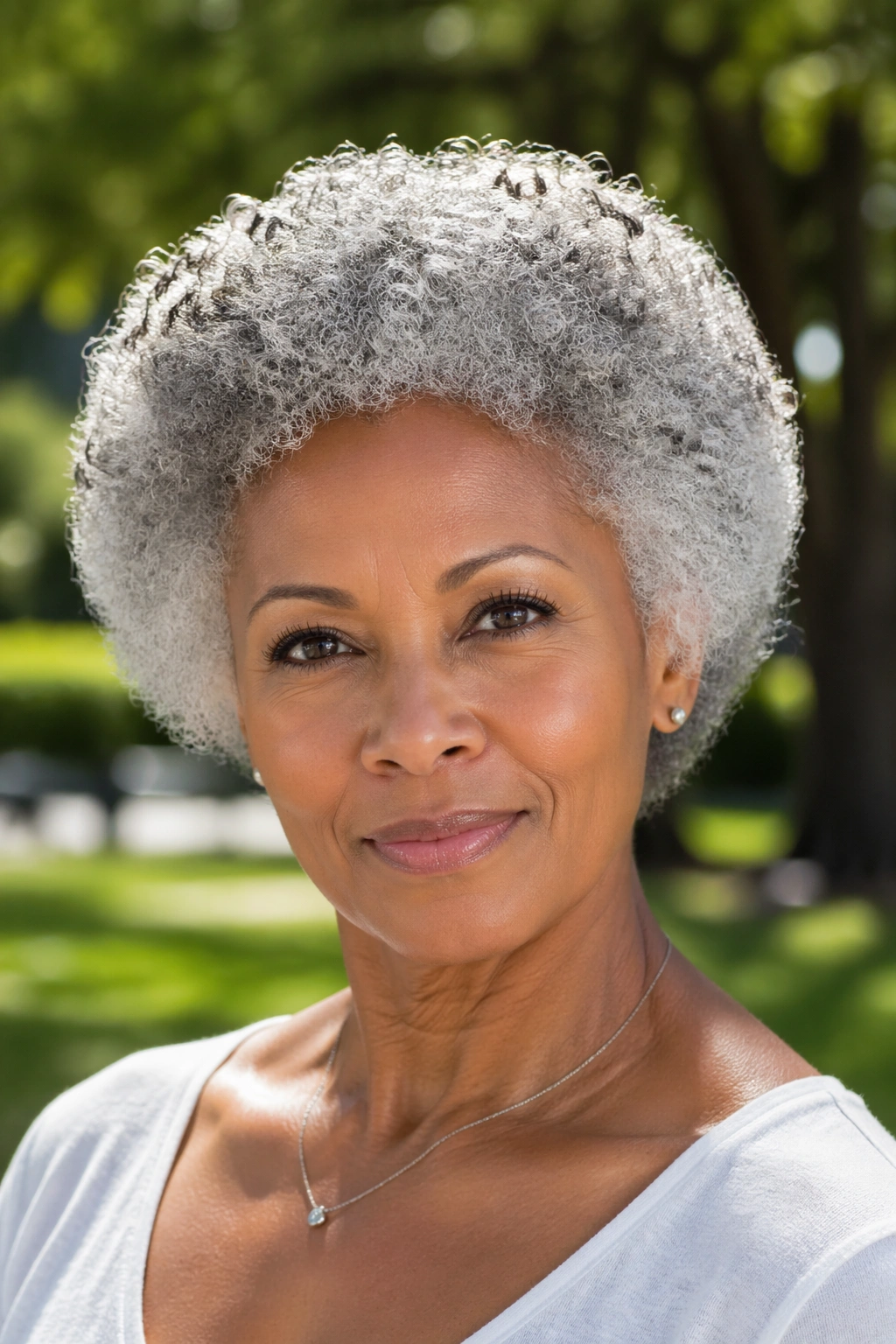 Close-up of a real woman with short grey afro, round silhouette in natural light.