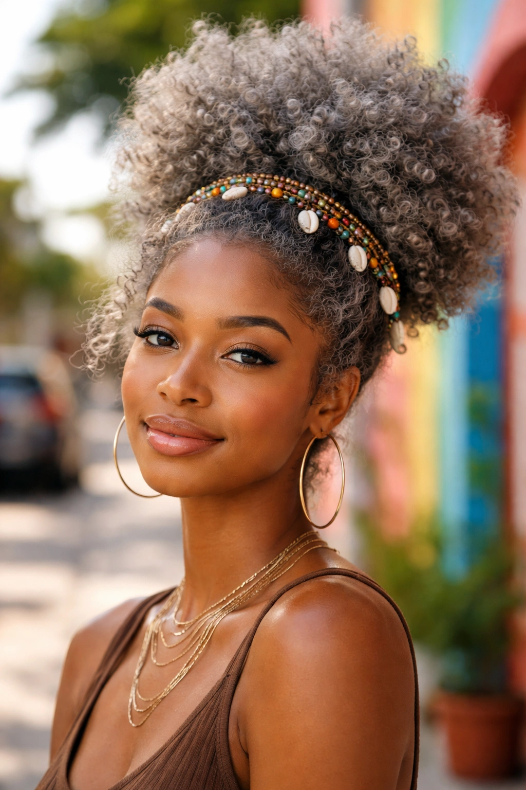 Close-up portrait of a real woman with a grey afro puff and accessories