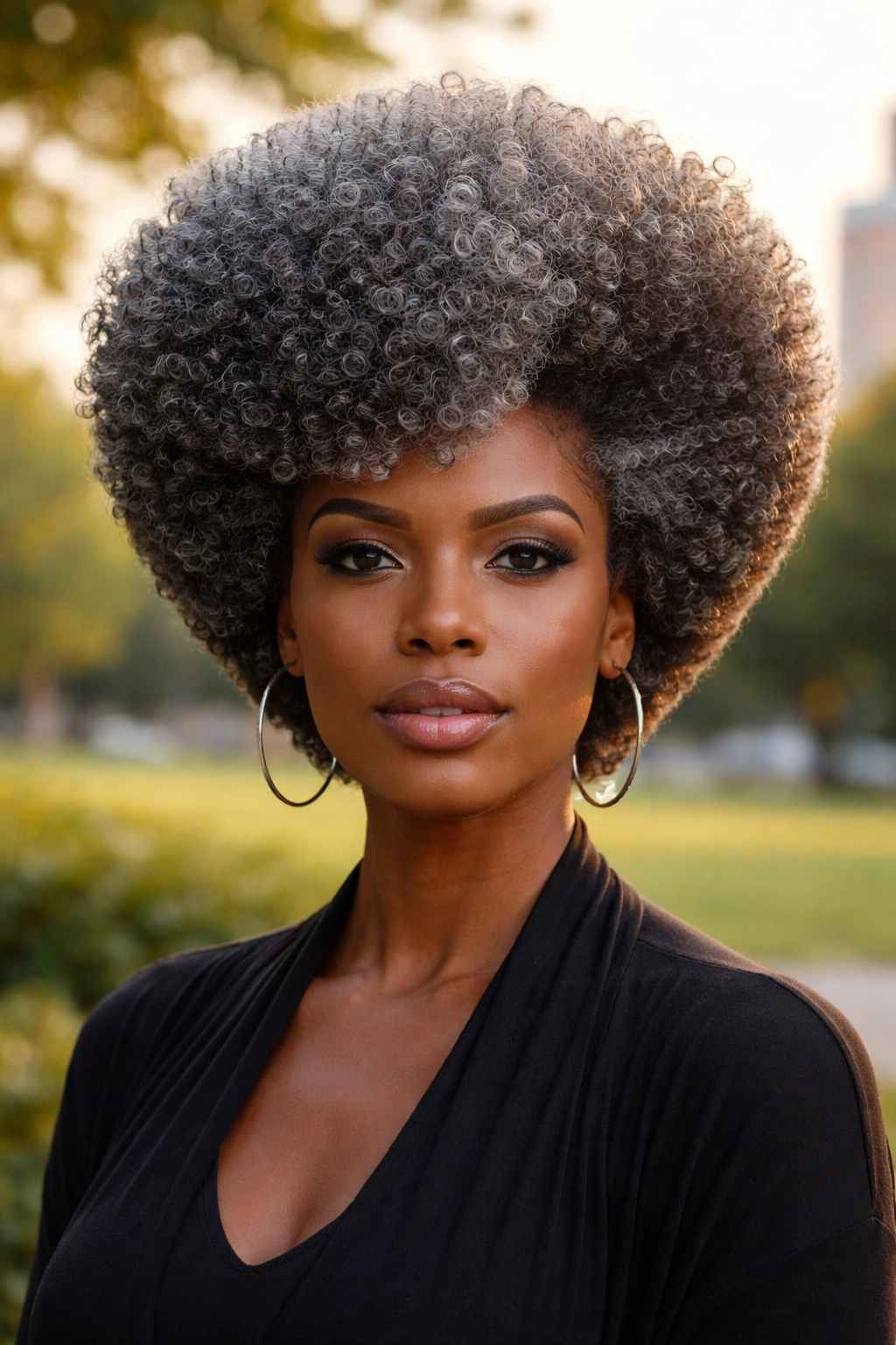 Portrait of woman with sculpted grey Afro