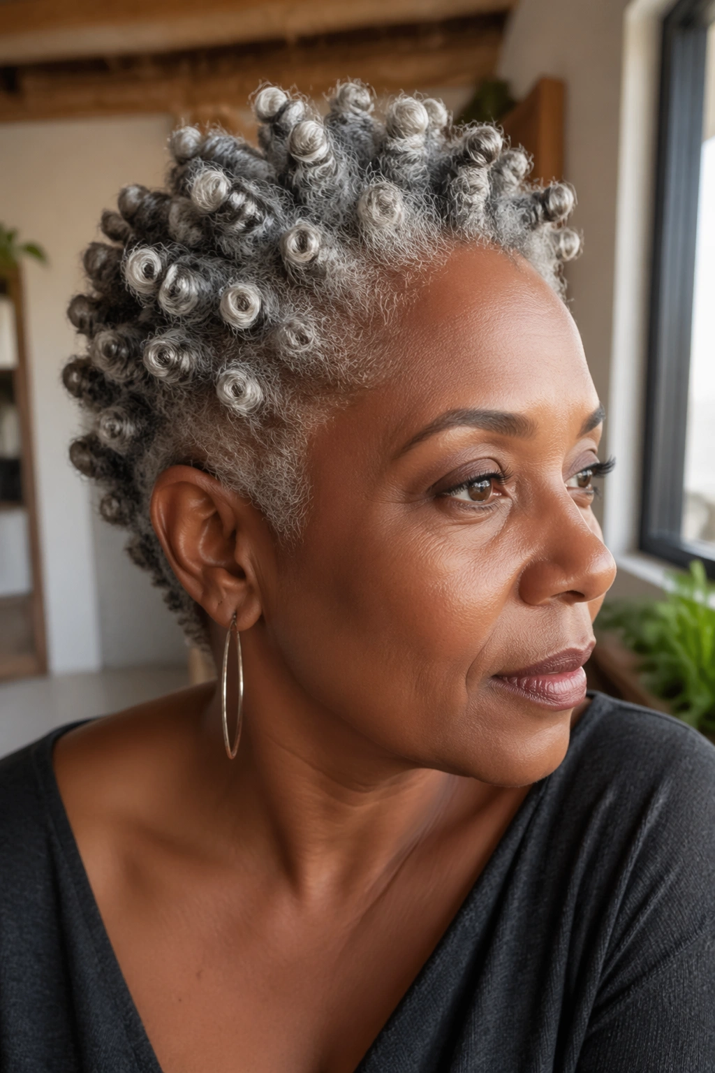 Real woman with short grey Bantu knot-out hairstyle showing small knots and silver tones.