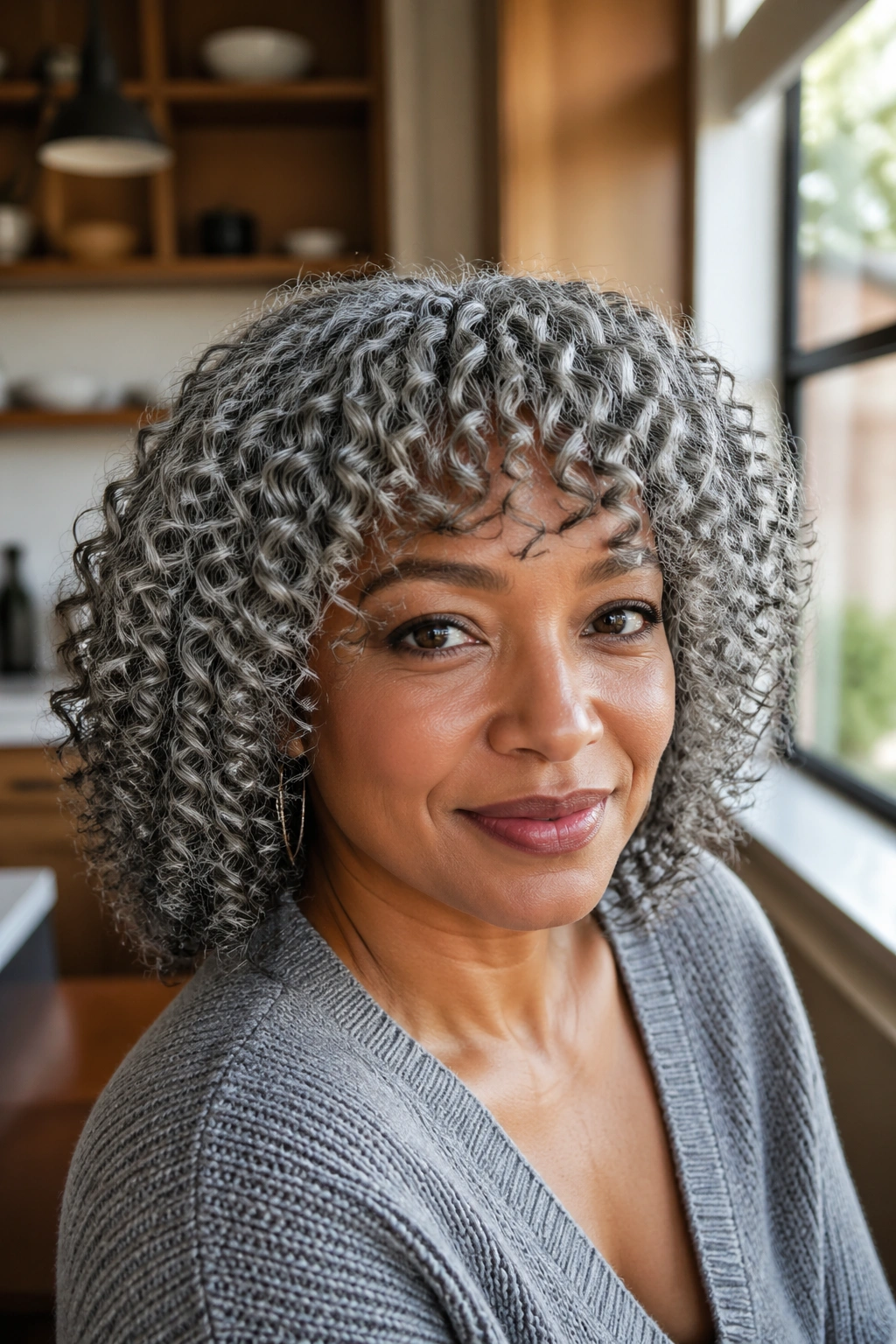 Close-up of grey curly bob with fringe on a real person