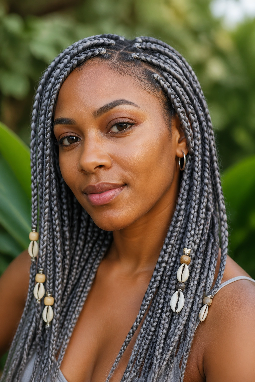 Close-up portrait of a woman with beads and shells in grey box braids.