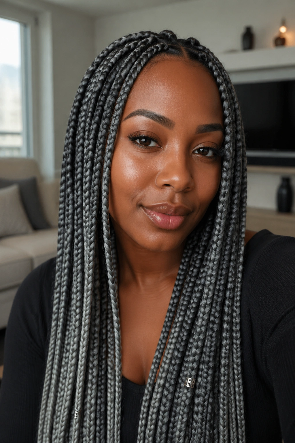 Close-up of a woman with grey box braids accented by metallic cuffs.