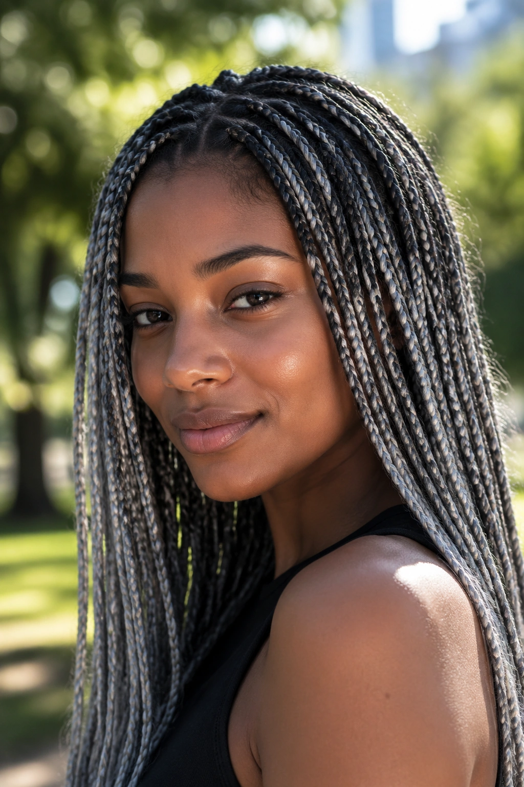 Close-up of a woman with silver and black grey box braids outdoors.
