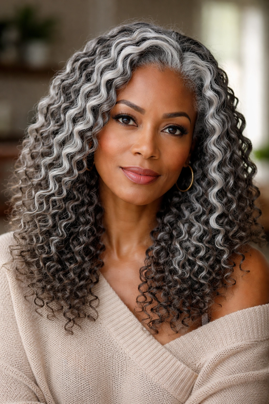 Close-up of a woman with grey braid-out curls