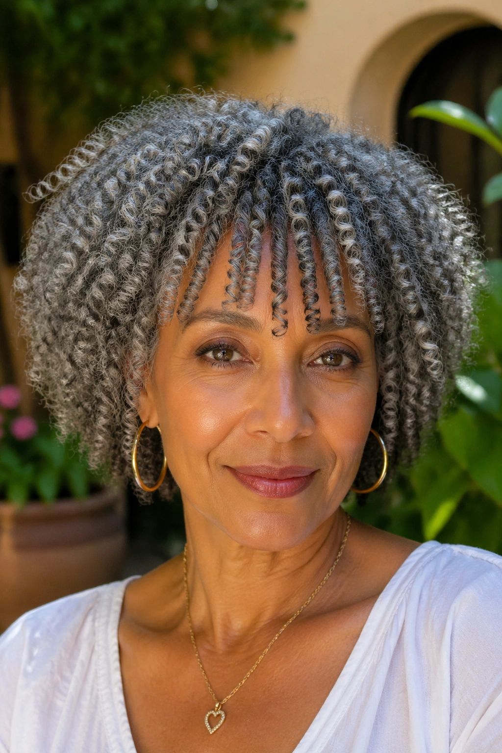Portrait of person with grey braid-out and defined fringe