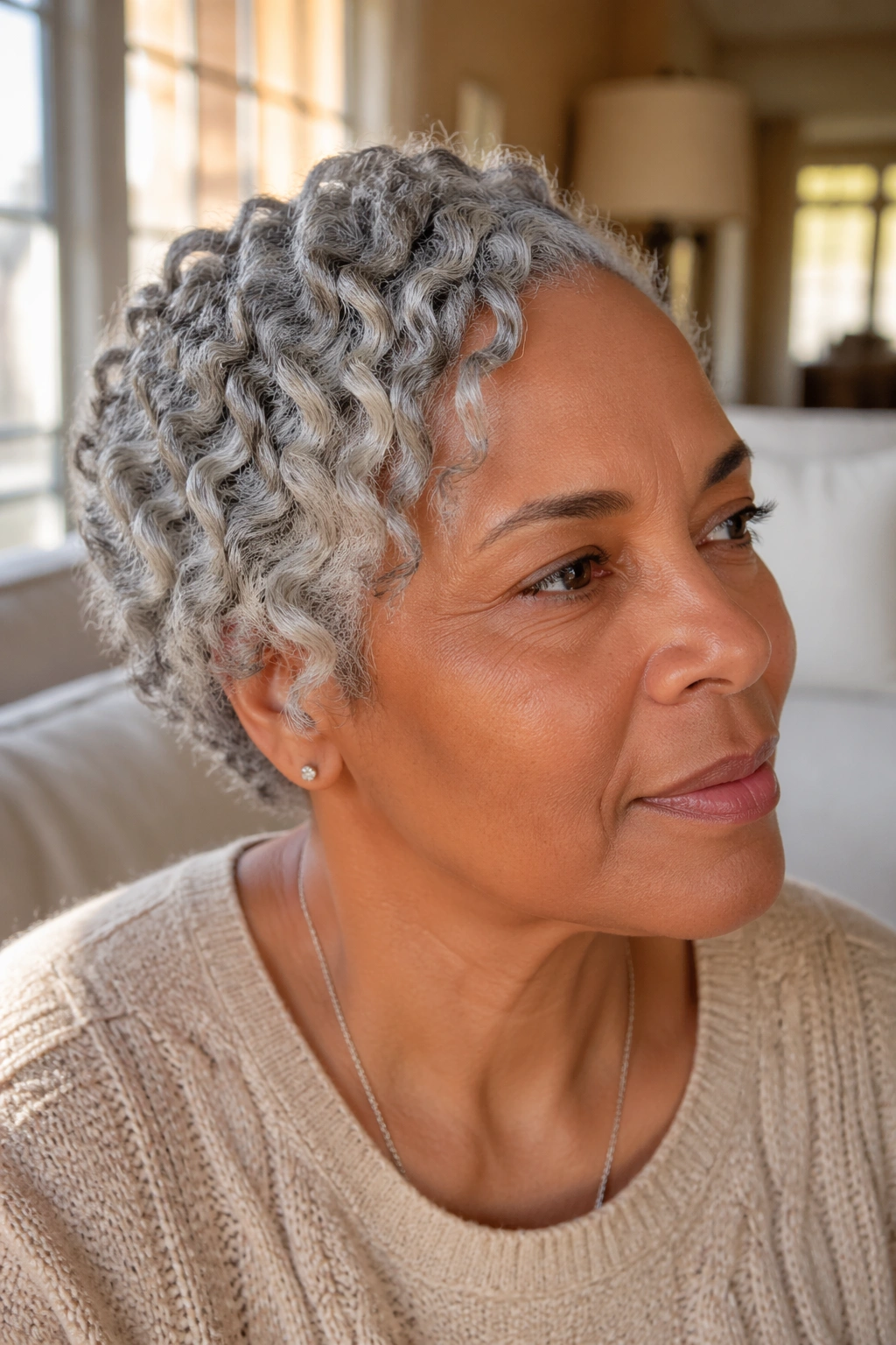 Close-up of a real woman with short grey curly hair in a braid-out