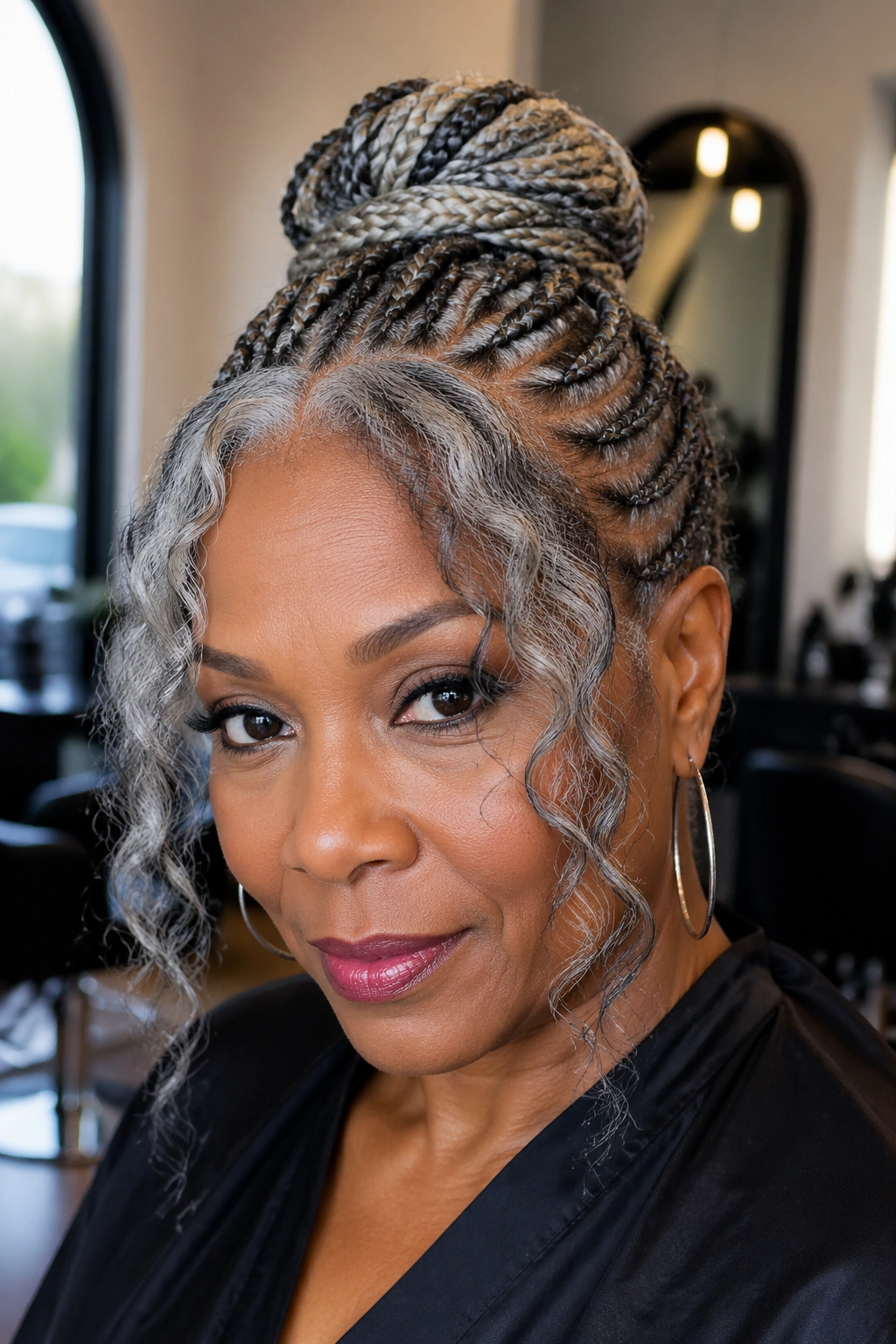 Close-up of person with grey cornrows updo and loose bangs