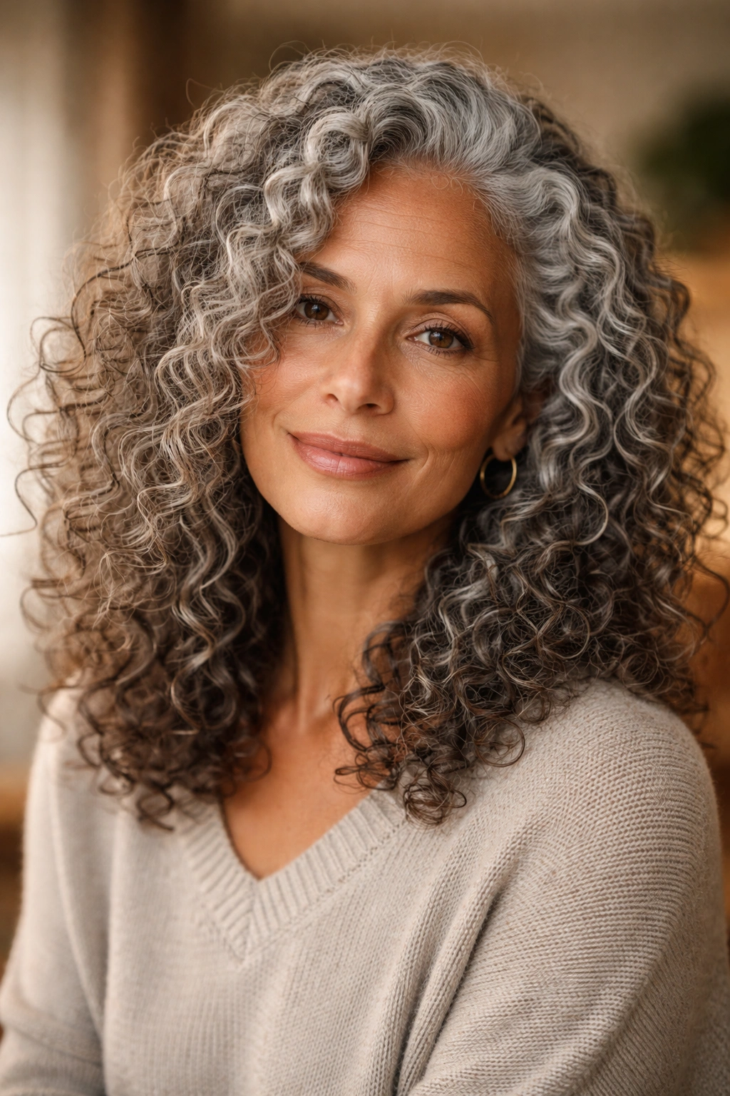 Close-up of grey curly hair texture showing coarseness and curl pattern