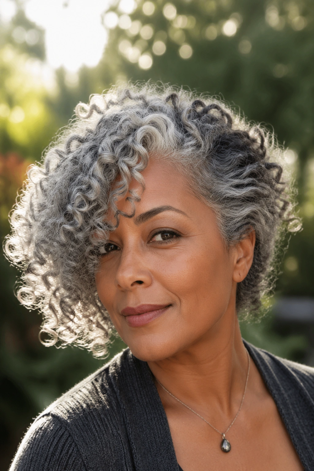 Close-up of asymmetrical bangs on grey curls on a real person outdoors