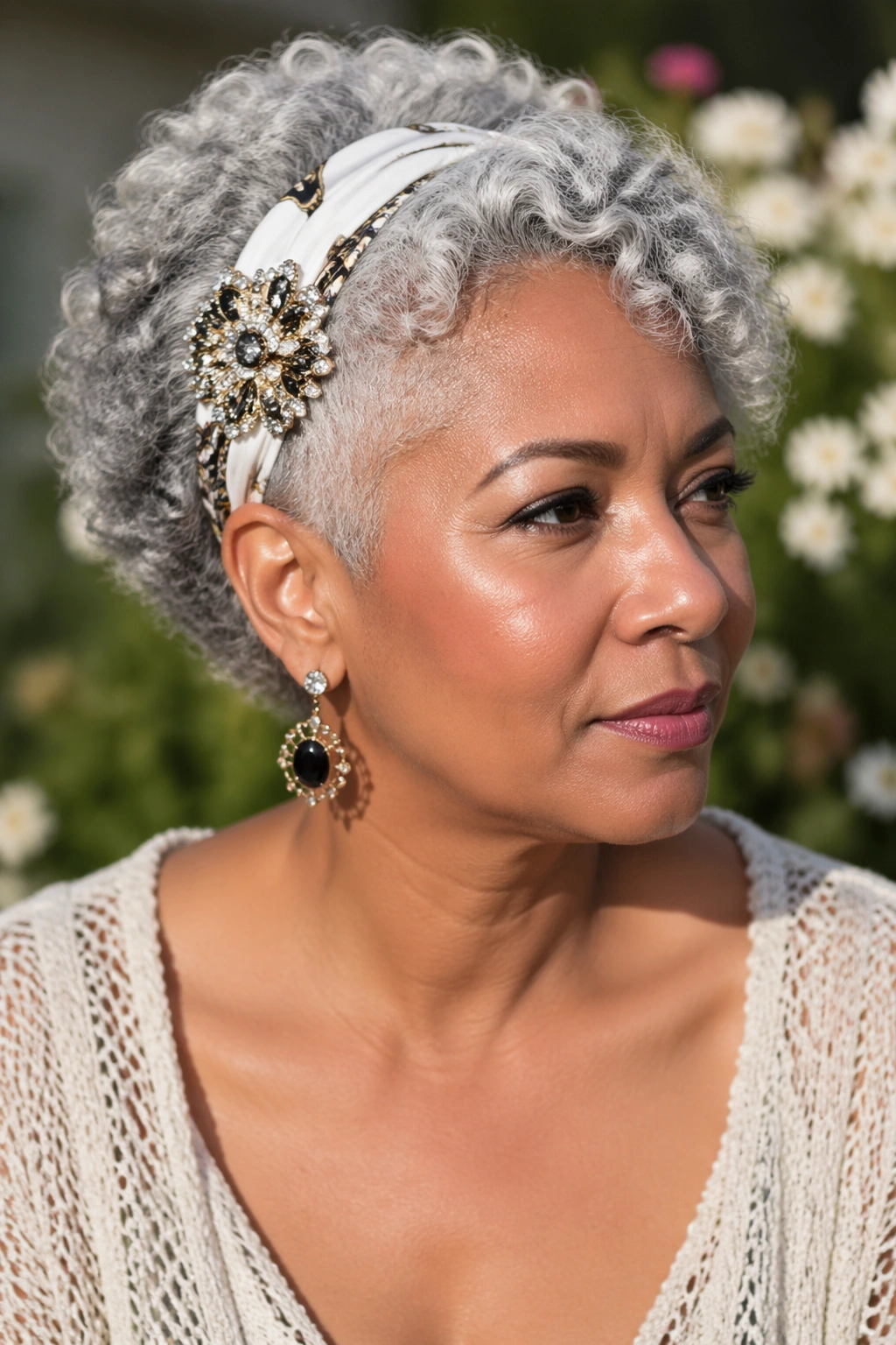 Real woman with short grey curls and bold accessories