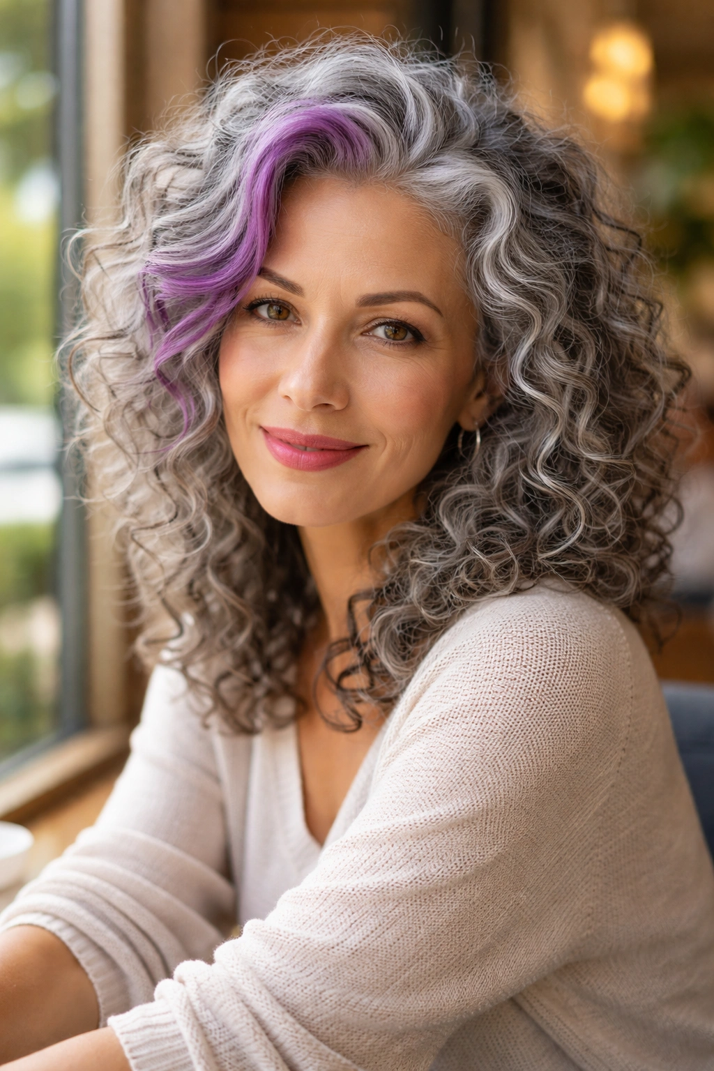 Close-up of grey curls with purple streak on a real woman by cafe window