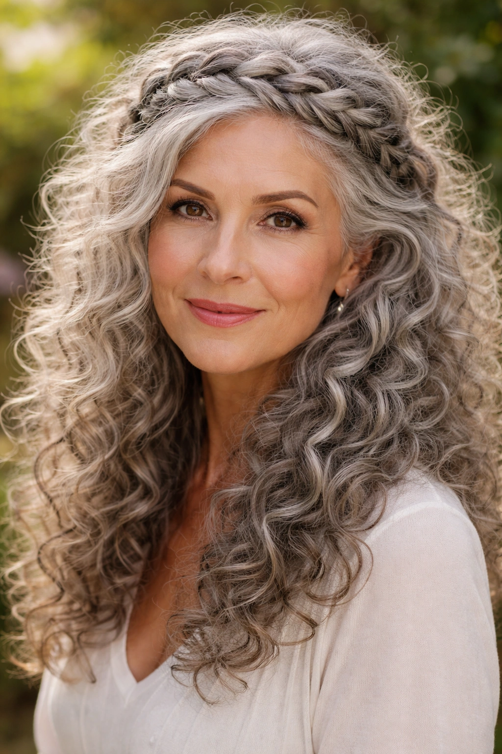 Portrait of woman with crown braid on grey curls in garden