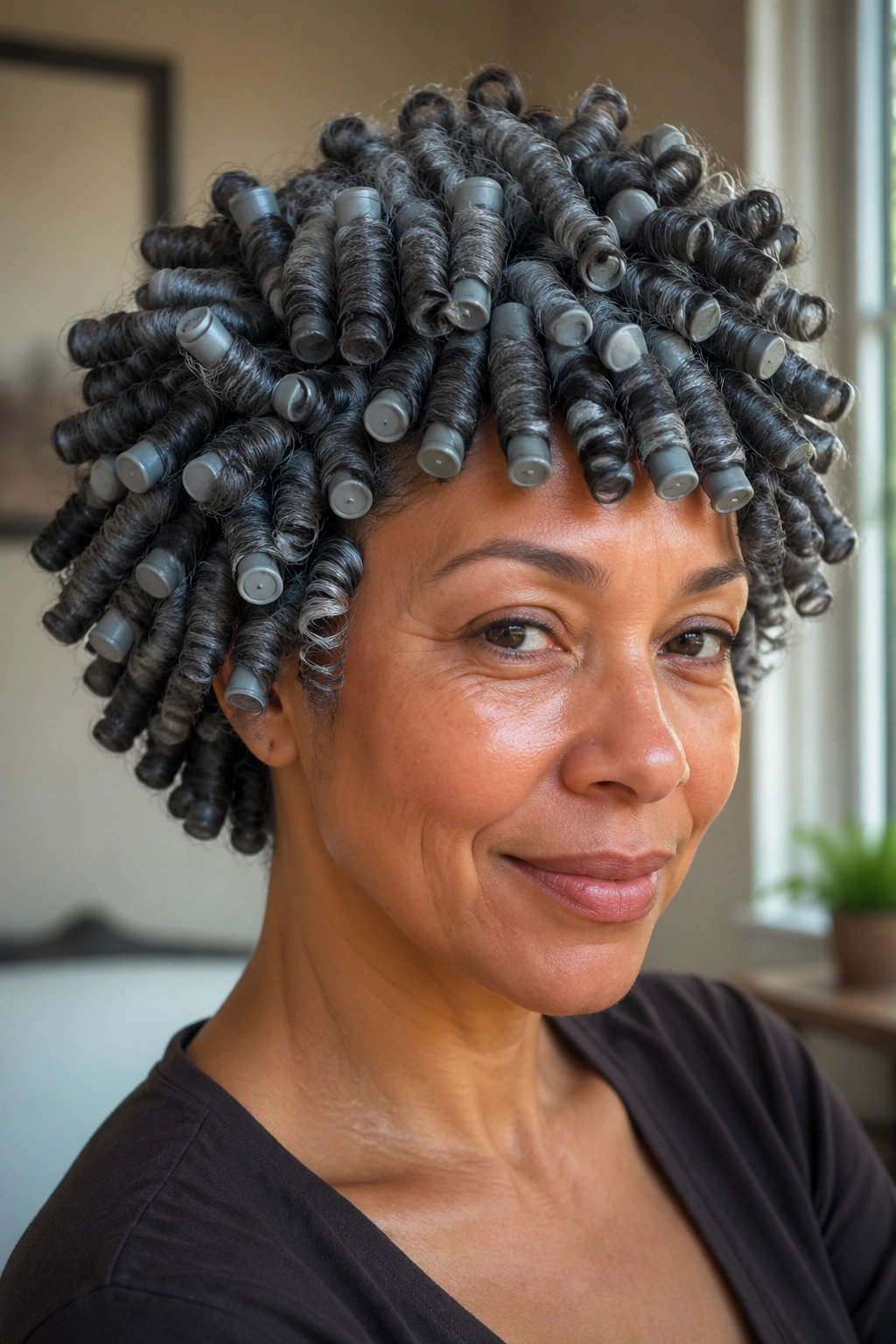 Close-up of grey curls with fringe from a flexi-rod set on a real person