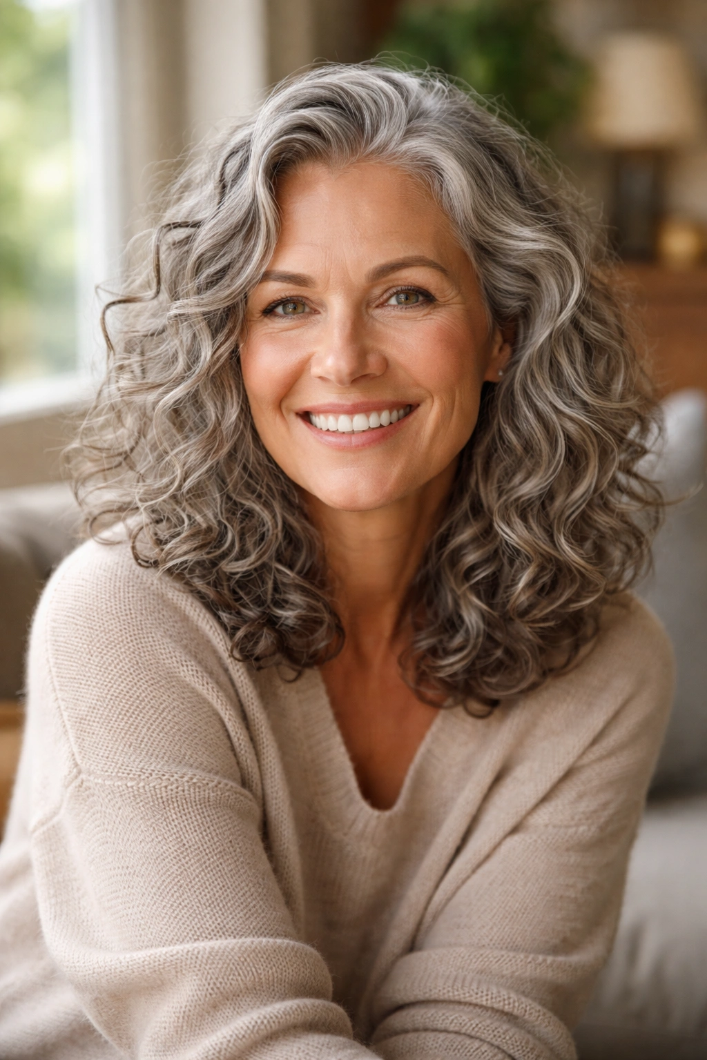 Close-up portrait of a 50+ woman with grey curls by a sunlit window