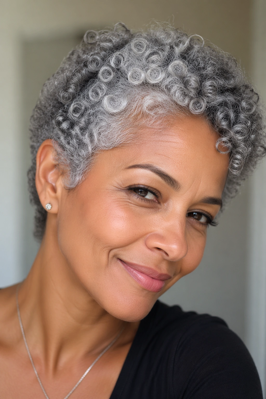 Close-up of a person with short grey curls showing defined curl pattern