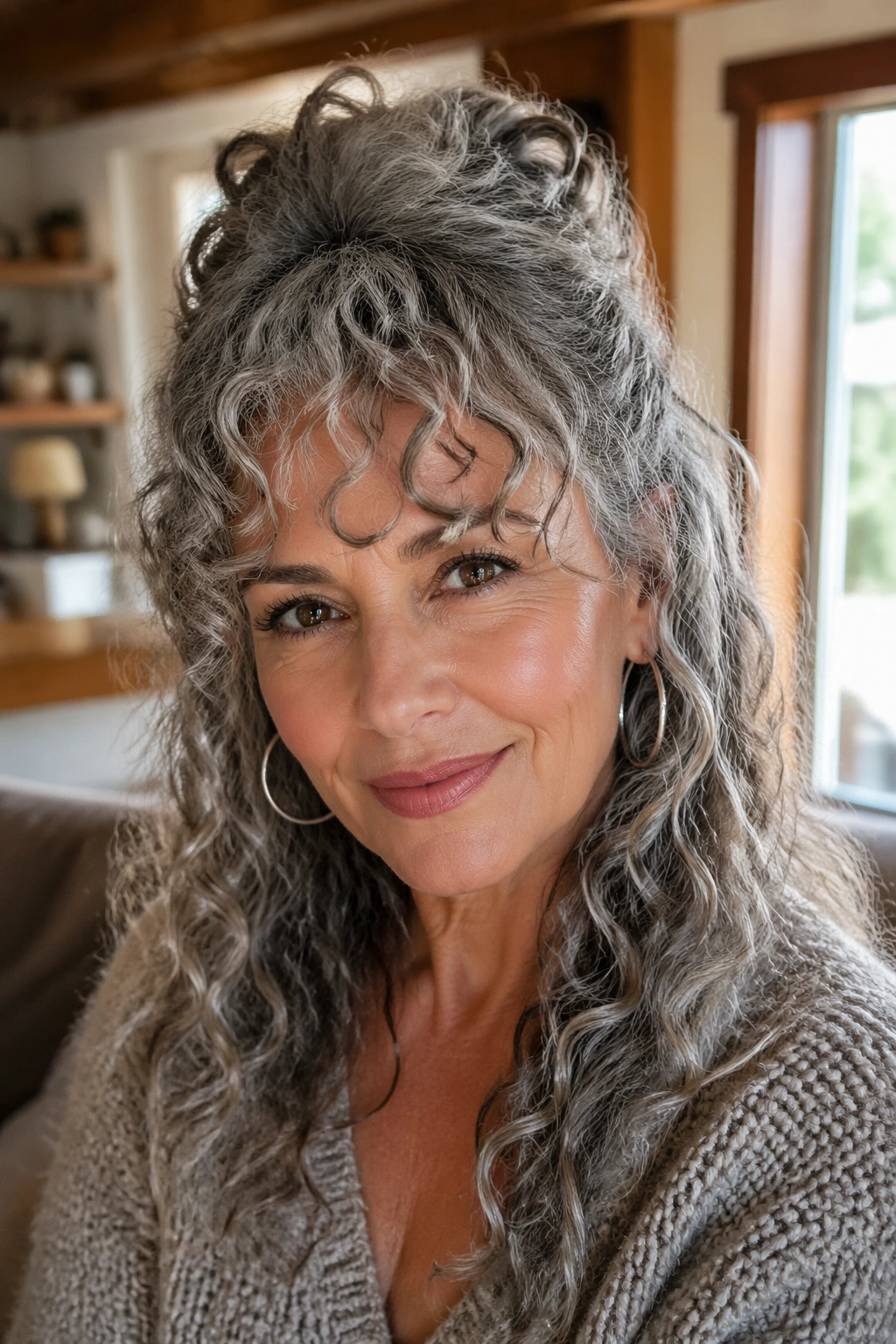 Close-up of a grey curled-haired woman with a half-up cascade fringe, natural window light