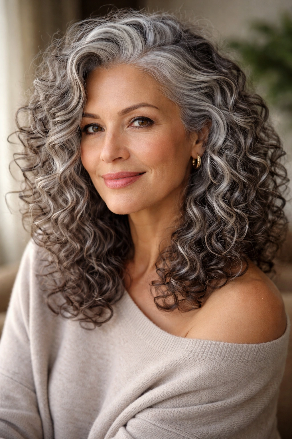 Close-up of a woman with natural grey curly hair showing luminous curls