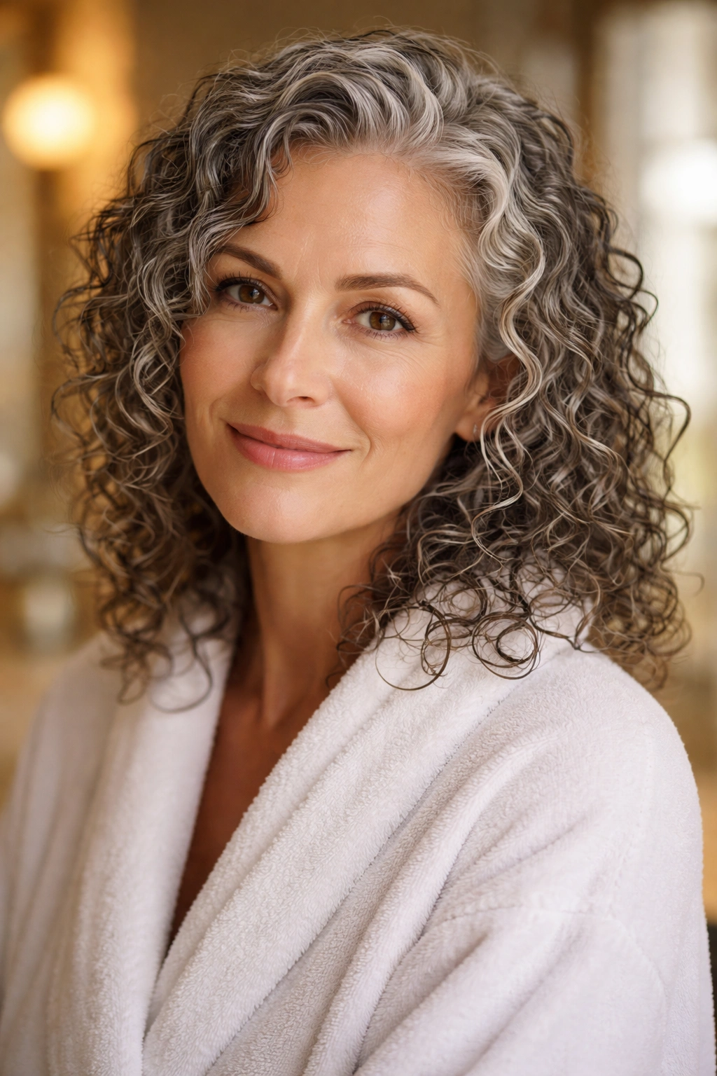 Shoulder-up portrait of a 50+ woman with defined grey curls after shower