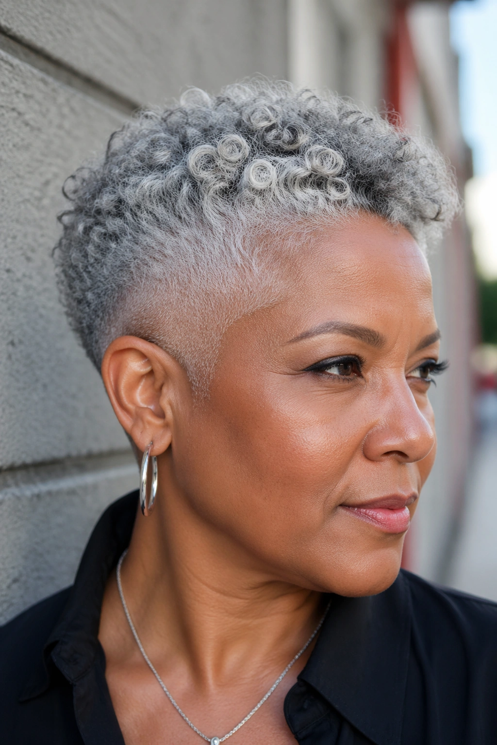 Woman with short grey curls and side fade