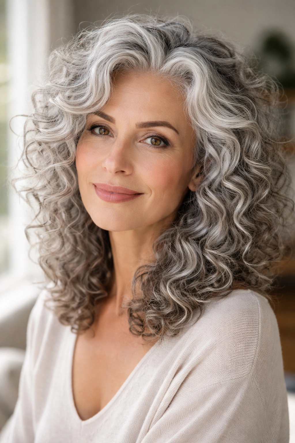 Close-up of a real woman with silver-grey curls showing bright silver tones