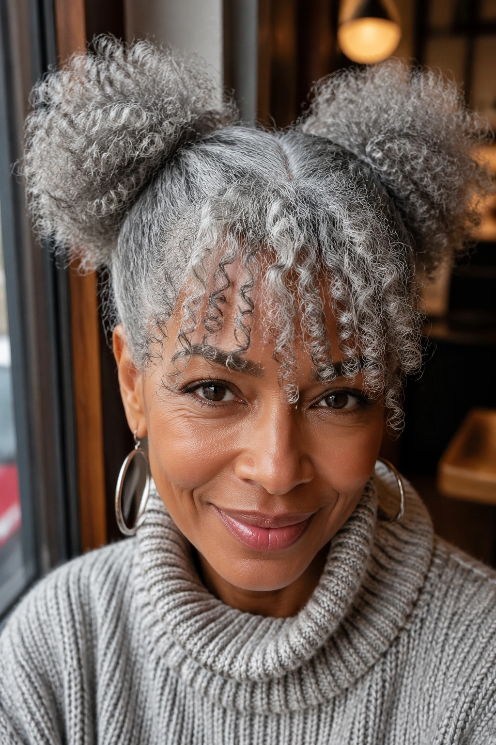 Close-up of grey curly hair with two puffs and forward bangs on a real person