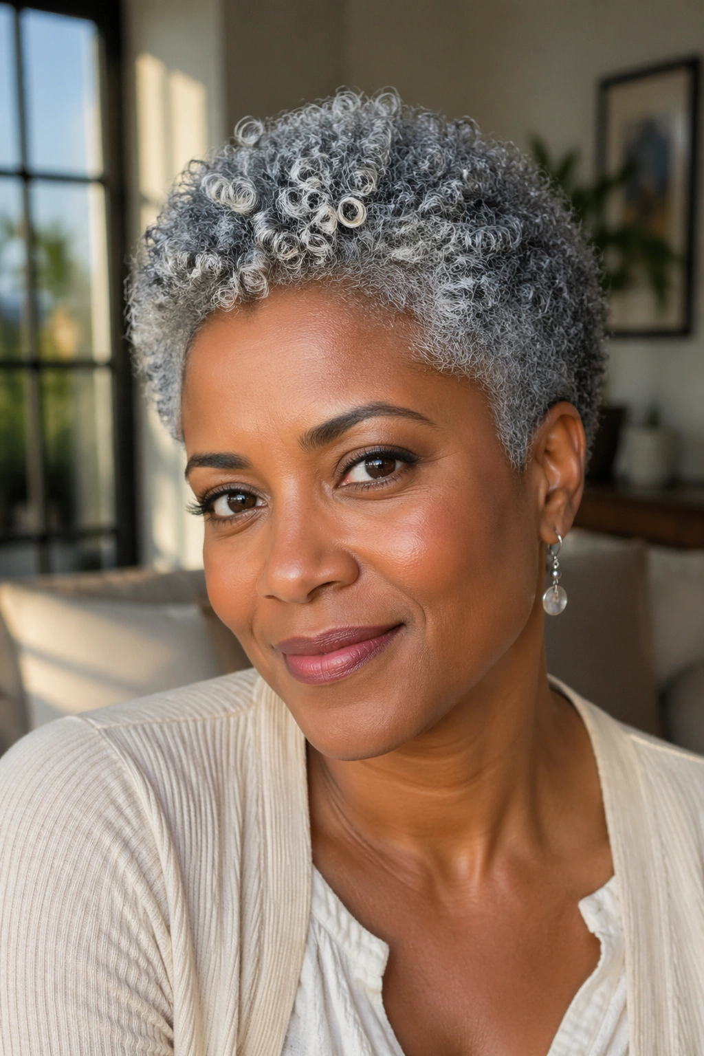 Close-up portrait of a real woman with short grey curls in wash-and-go style.