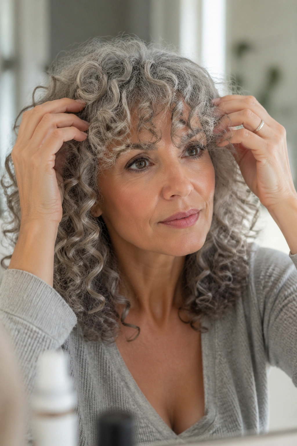 Close-up portrait of a real person adjusting grey curly bangs at a vanity mirror.