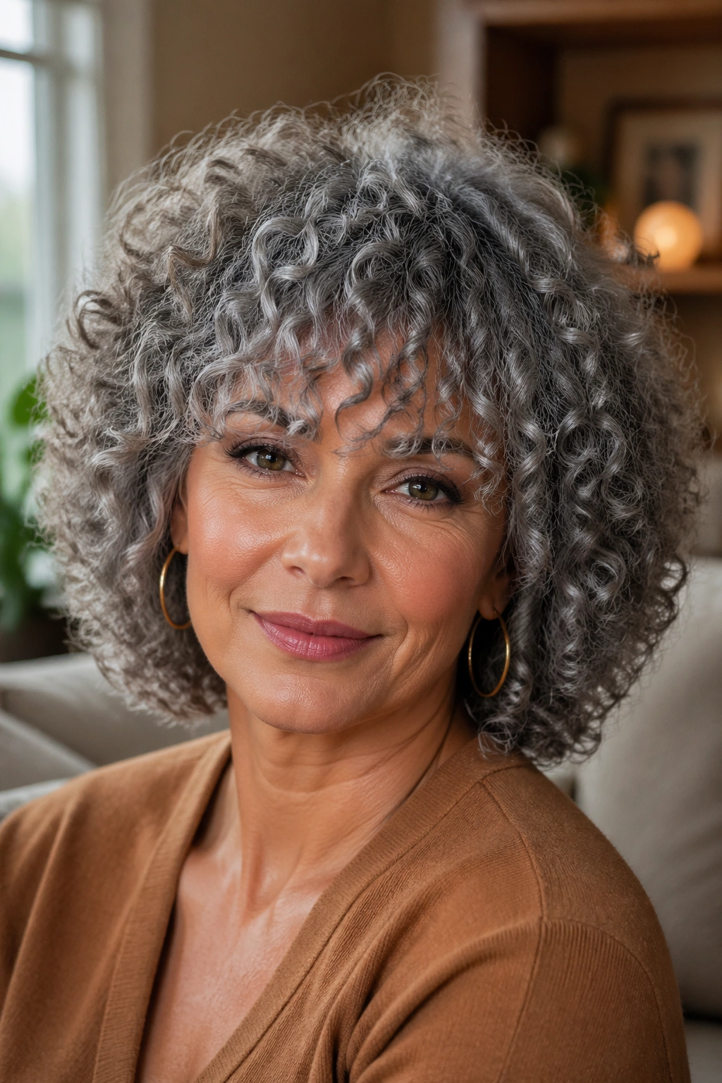 Close-up portrait of a real woman with grey curly bangs framing the face in warm window light.