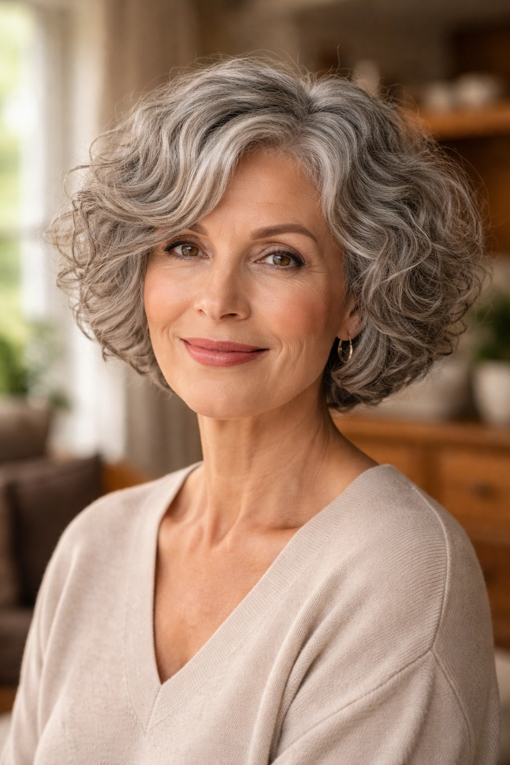 Close-up portrait of a real woman with a grey curly bob in natural window light