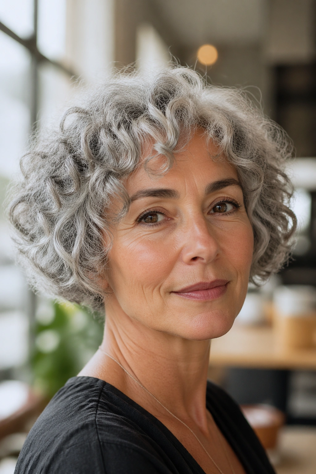 Close-up of real woman with grey curly bob, curls framing face under natural light.
