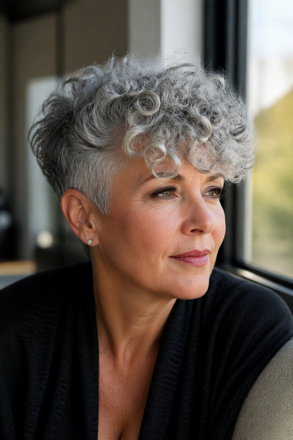 Close-up of a real woman with grey curly fringe framing the face