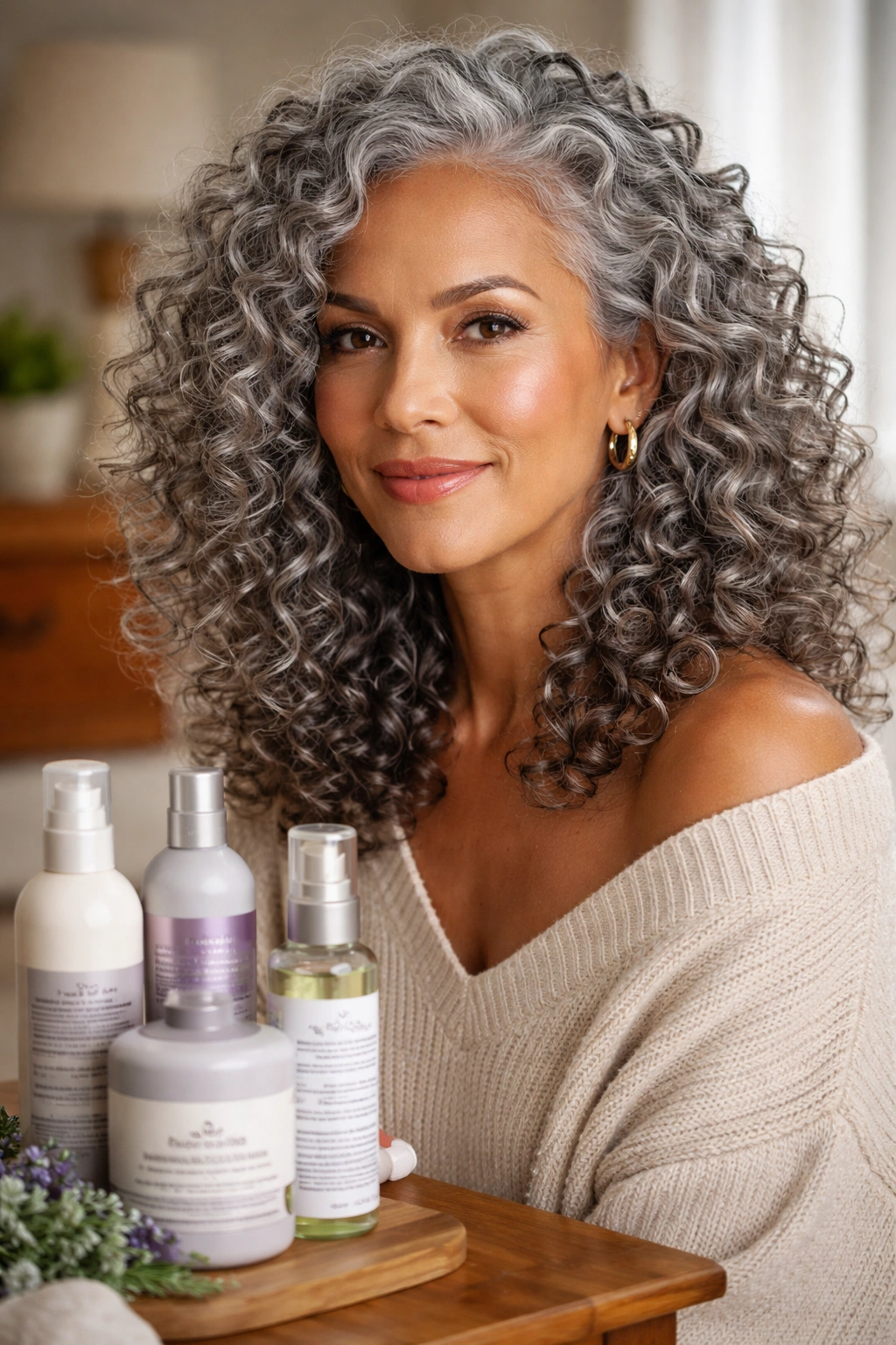 Close-up of a woman with grey curly hair showing moisture and shine