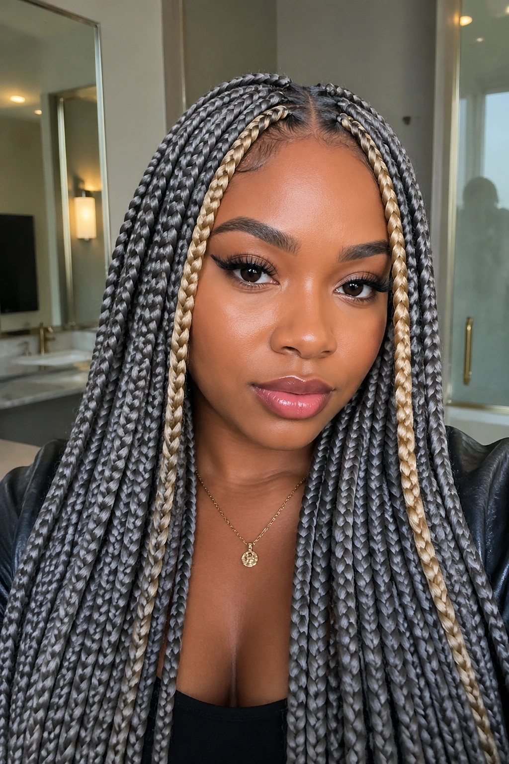 Close-up of a real person wearing grey-dominant box braids with blonde money pieces framing the face.