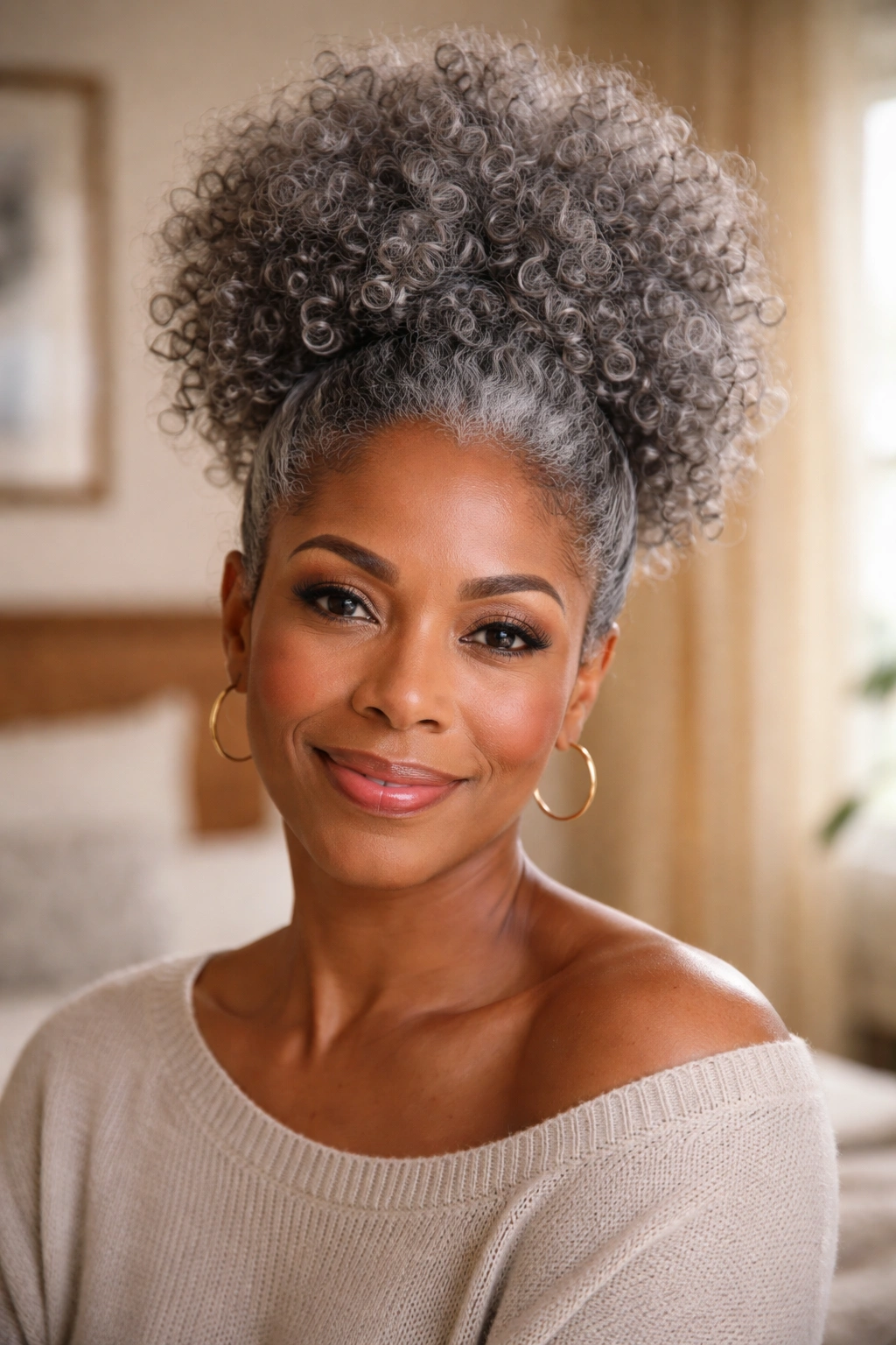 Close-up of a real woman with a voluminous grey curly high puff.