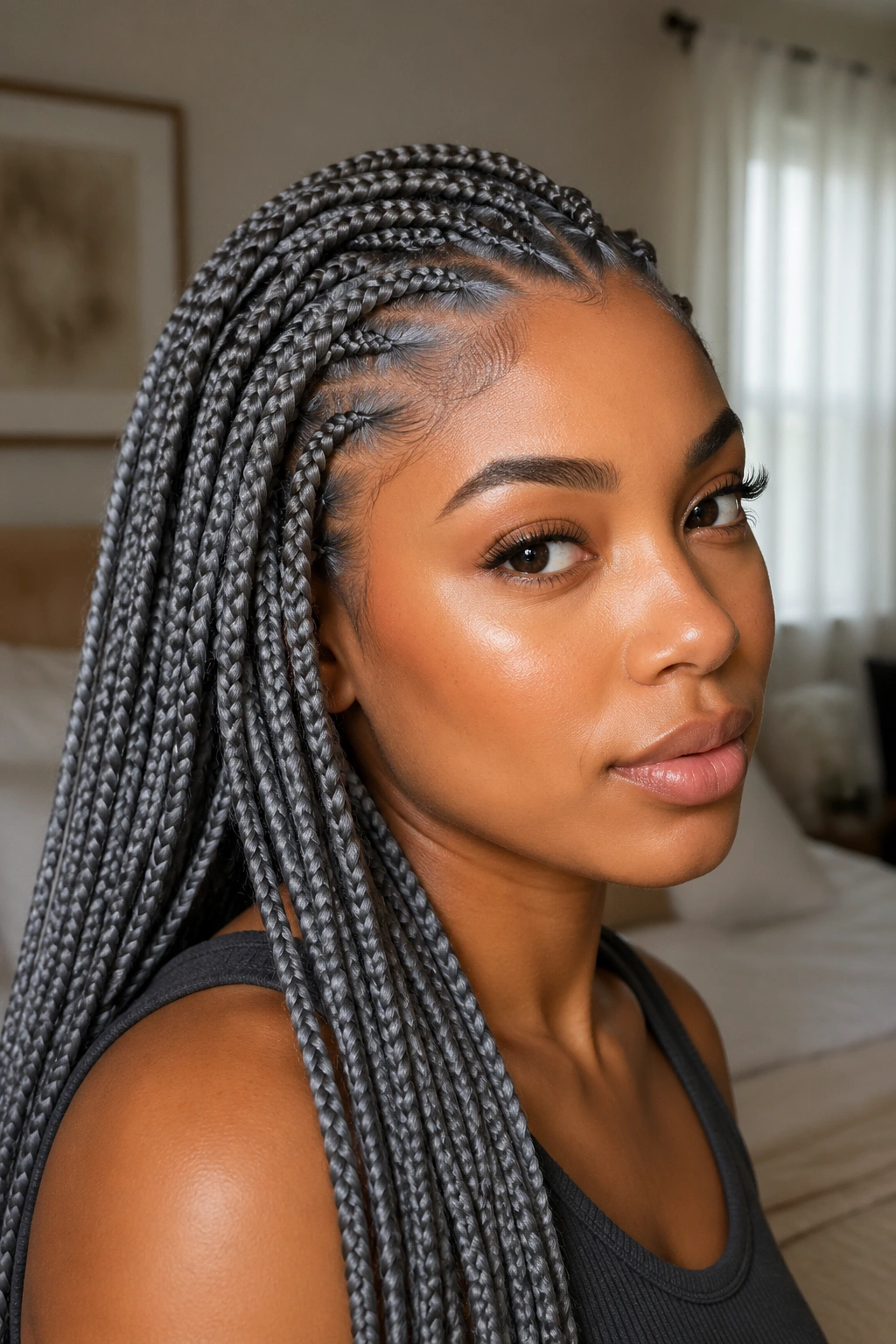 Close-up of grey knotless box braids with a soft hairline on a real woman